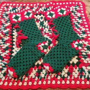 Vintage Handmade Crochet Christmas Table Topper + Pair of Stockings Lace-Up Boot